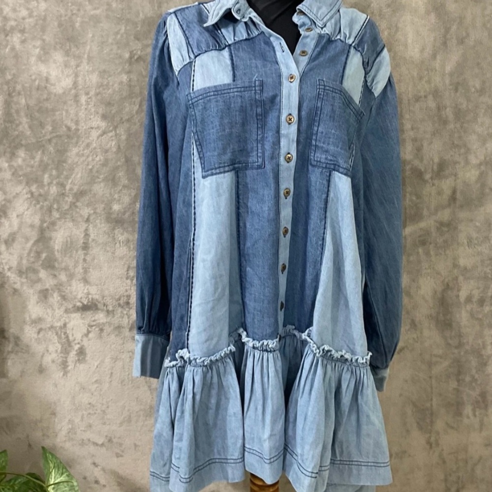 Free People Two-Tone Denim Patchwork Long Sleeve Dress - Light & Medium Blue